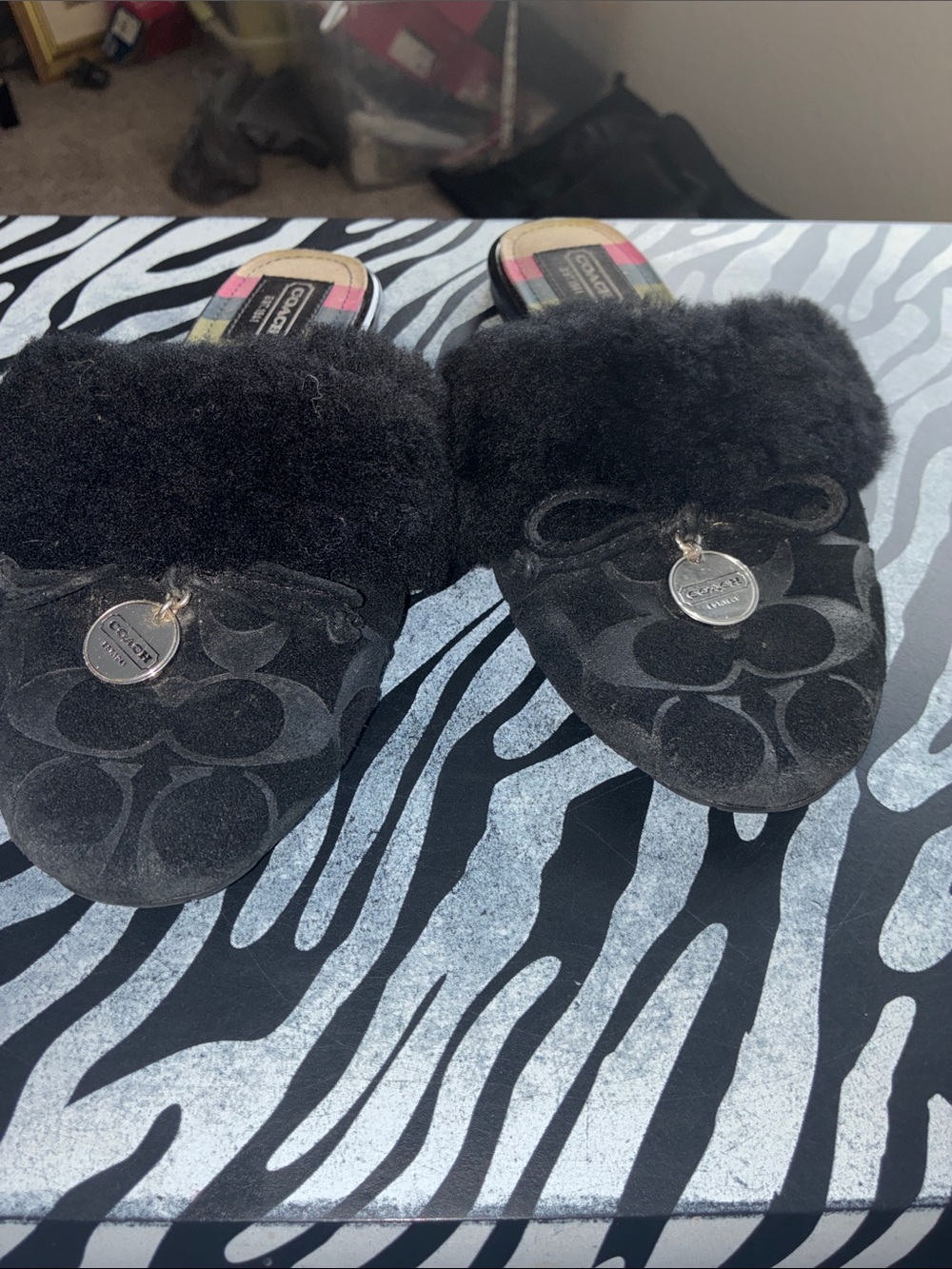 Coach Black Suede Logo Shearling Slides